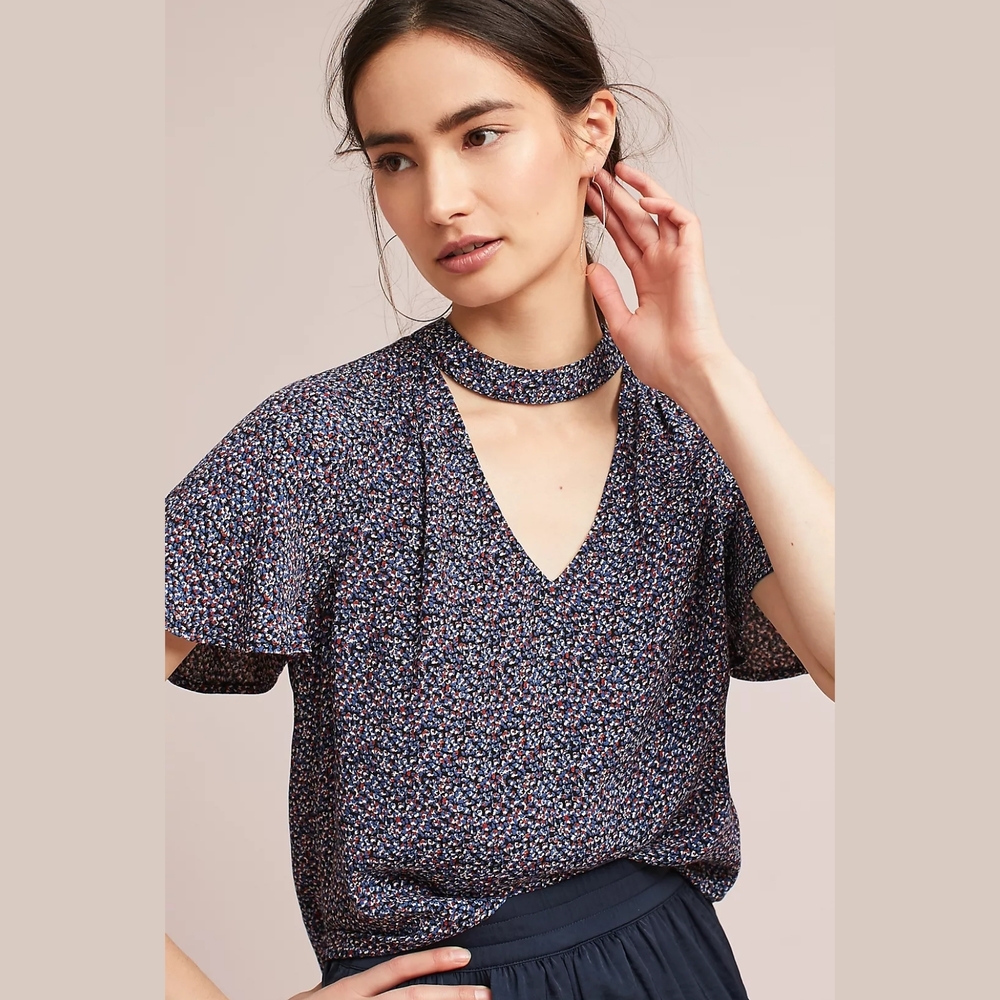 Maeve By Anthropologie Blue Floral Choker Blouse Small